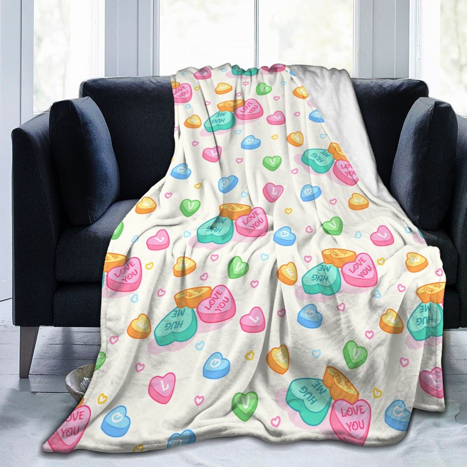 Lsjuee Colorful Valentine's Day Candy Hearts Throw Blanket Soft Cozy Plush Flannel Blanket Lightweight Bed Blanket for Sofa Couch Bed Romantic Valentine's Day Gift for Wife Girlfriend 80"X60"