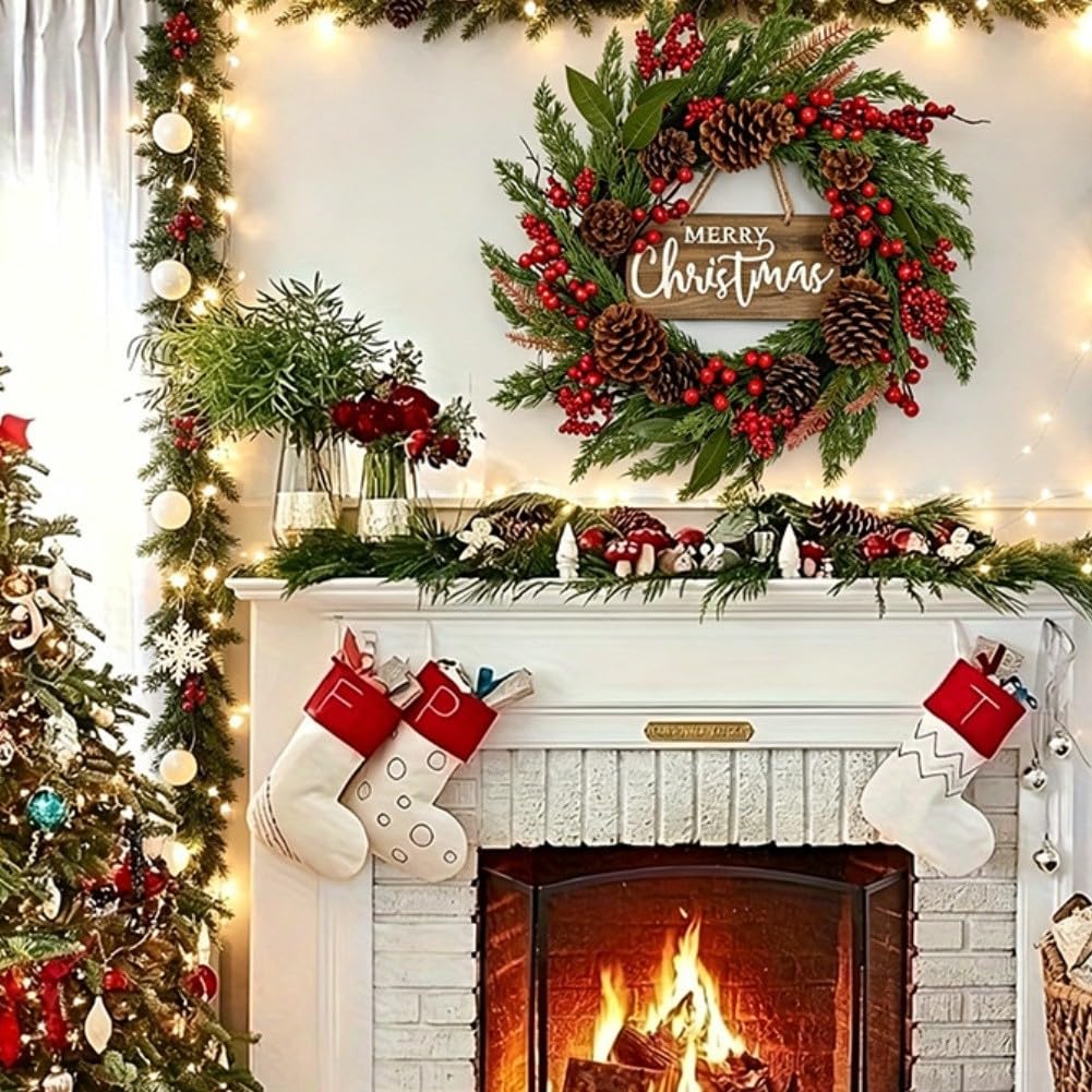 50,8 cm Weihnachtskranz mit roten Beeren und Tannenzapfen für Haustür drinnen und draußen Urlaub Party Dekor