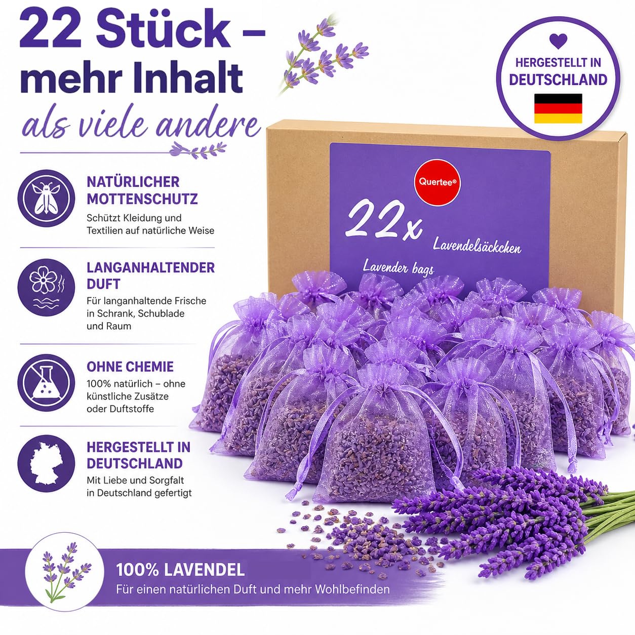 Quertee 22x6g Sachet de Lavande comme Sachet parfumé avec de la Lavande odorante - Protection Contre Les Mites dans l'armoire - Lavande pour Dormir et se Relaxer