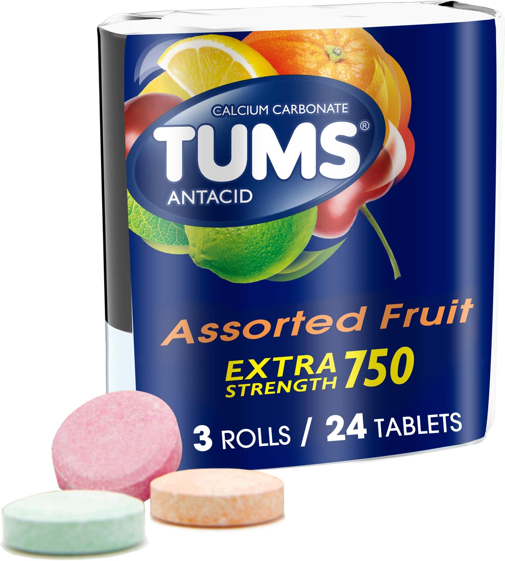 Tums Extra Strength 750, Assorted Fruit, 3 Rolls - 24 Tablets per Pack (Pack of 4)