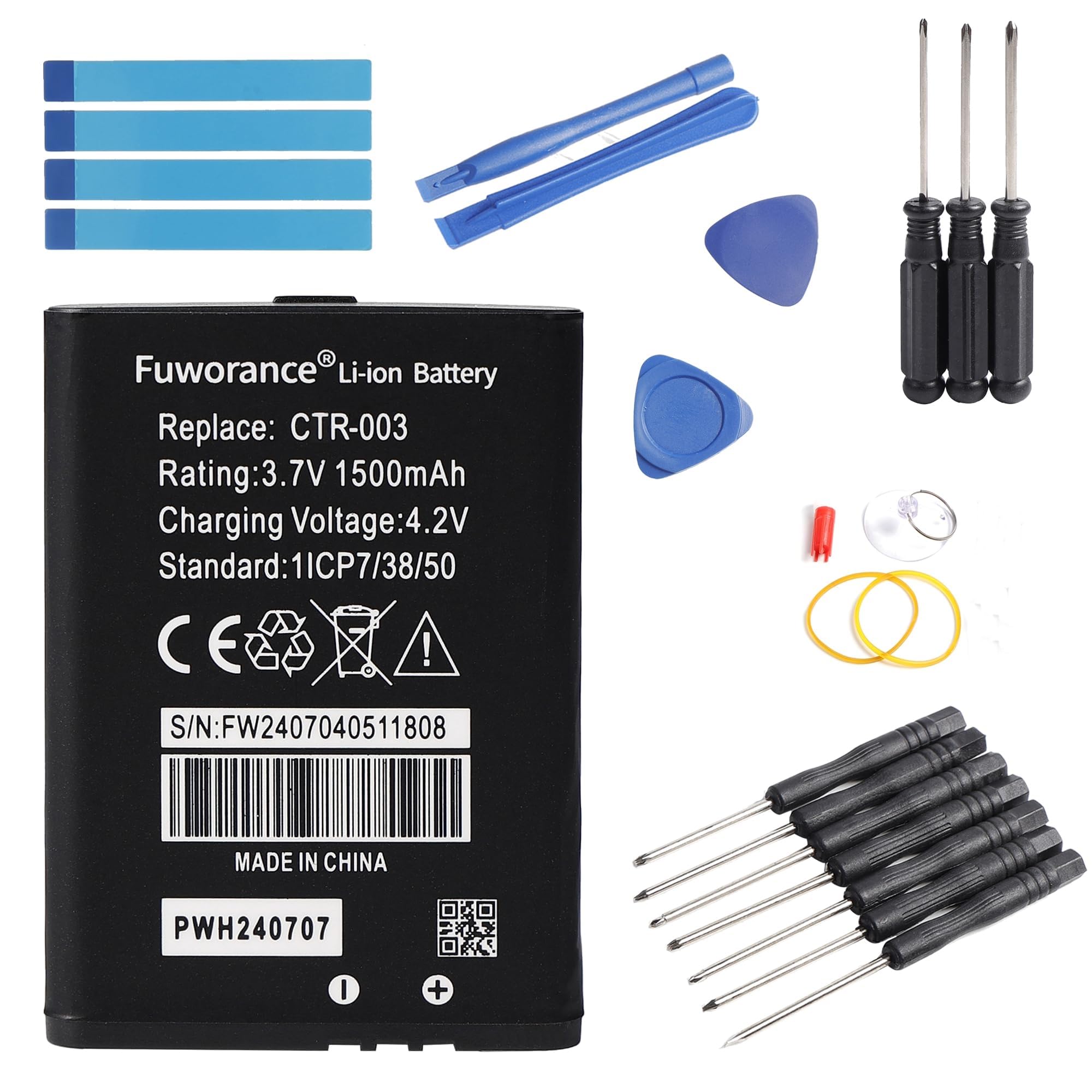 Fuworance 1500mAh 3.7V Battery Compatible with Nintendo 3DS, 2DS, 2DS XL Compatible with Switch CTR-003 Game Console Li-ion Replacement Battery with Repair Tools