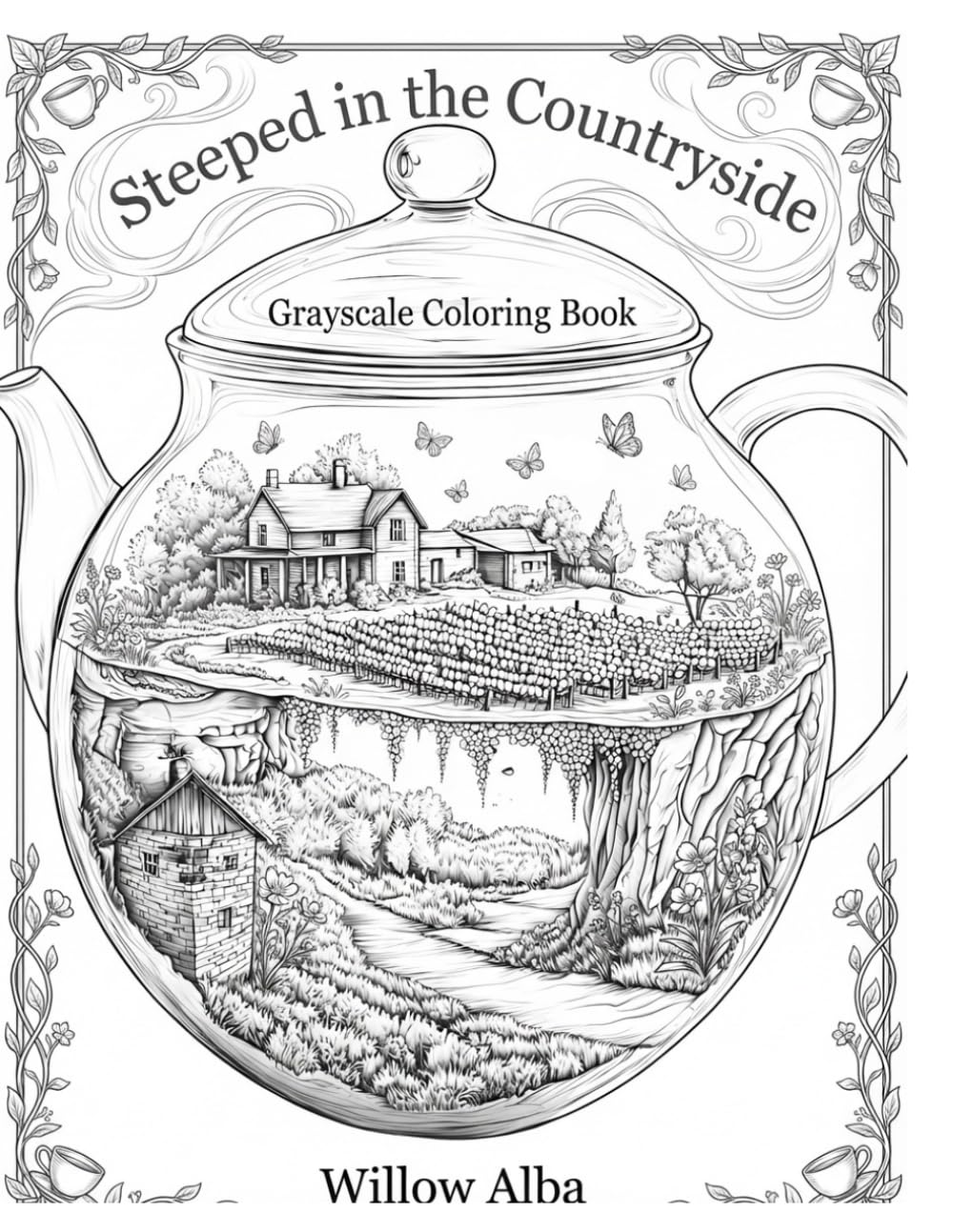 Steeped in the Countryside: Grayscale Coloring Book for Adults