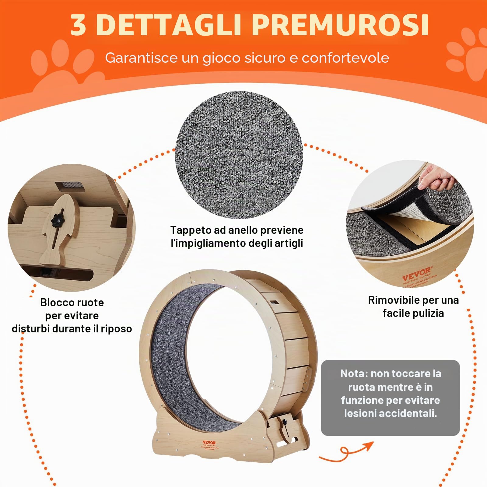VEVOR Ruota per Esercizi per Gatti in Legno Compensato, Ruota per Tapis Roulant per Gatti 75 cm, Ruota per Corsa con Tappeto Staccabile e Teaser per Maggior Parte Gatti per Corsa Allenamento Interno
