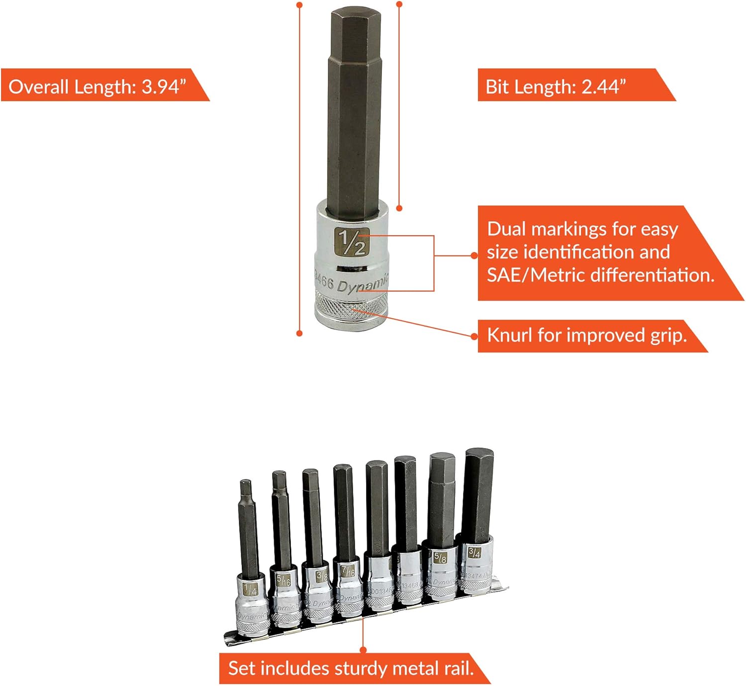 Dynamic 1/2" Drive 8 Piece Long SAE, Hex Socket Set, 1/4" - 3/4"