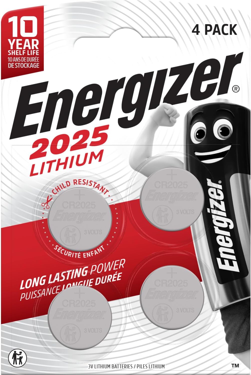 Energizer CR2025 Batteries (4 Pack) - Lithium 3V Coin Battery - Car Key Fobs, Watches, Home/Medical/Fitness Devices - 10 Year Shelf Life - Child Resistant Packaging