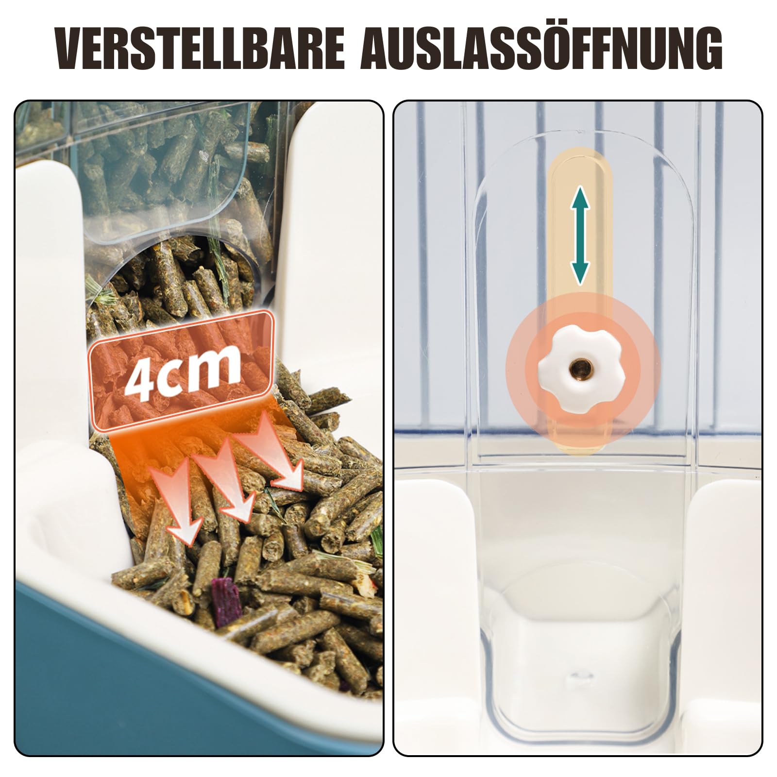 Automatischer Futterspender für Haustiere 800ml Verstellbarer Auslass-Futterspender Stromfrei Geeignet für Kleintierkäfige Kaninchenstall Kaninchen Katze Welpe Meerschweinchen Chinchilla Vogel(Grau)