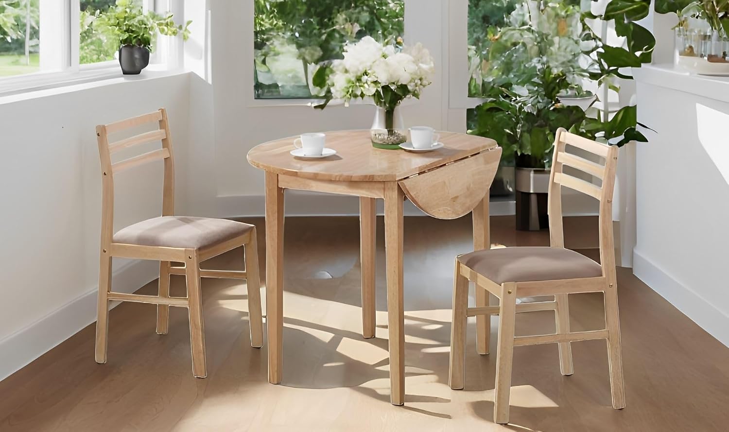 CARTESIAN 3-Piece Drop Leaf Dining Set, Natural Wood Table and 2 Chairs with Beige Cushions, Small Space Kitchen Furniture