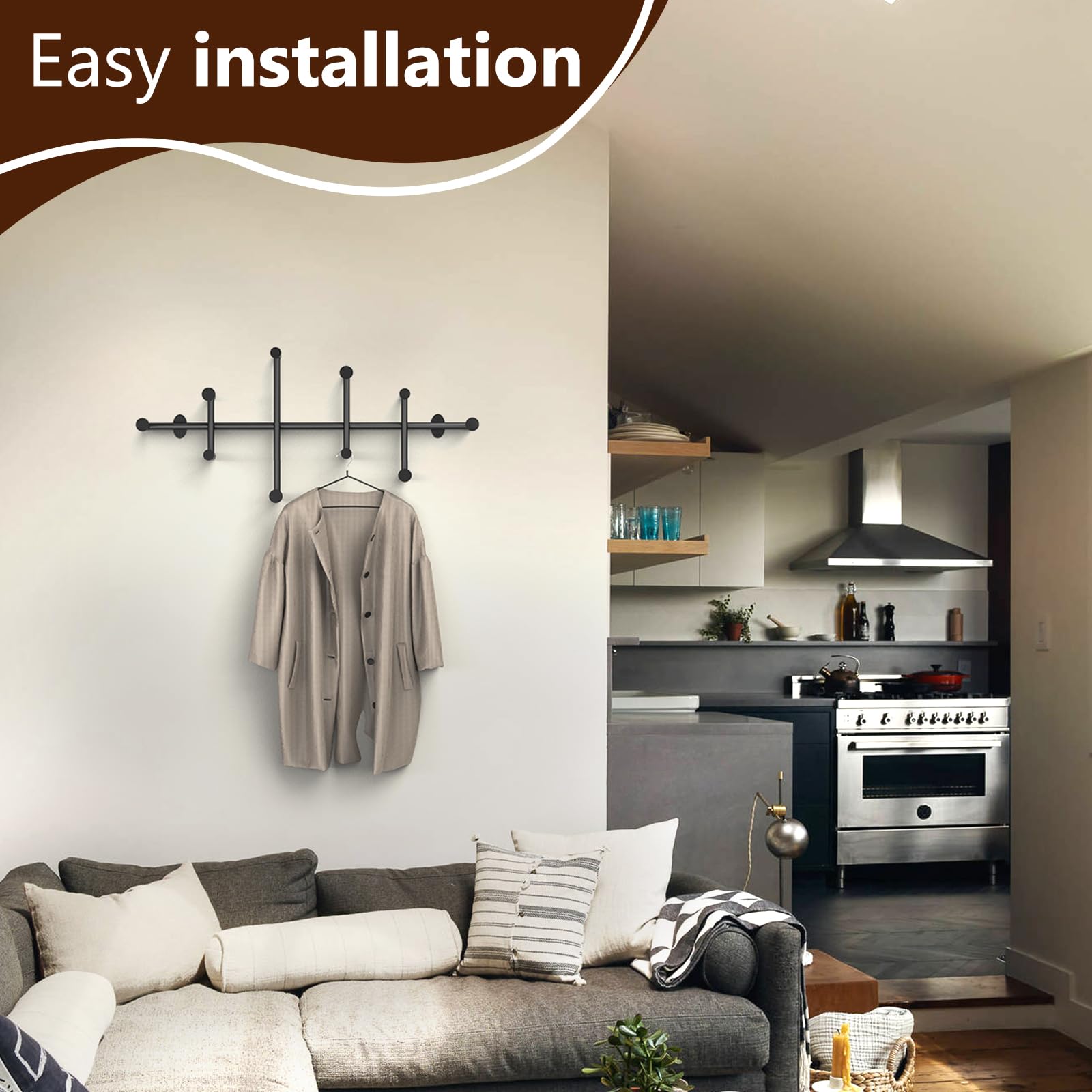 Perchero grande para colgar en la pared, minimalista, negro, 31 pulgadas de largo, resistente, con 10 ganchos para habitación, entrada, dormitorio, guardarropa, pasillo