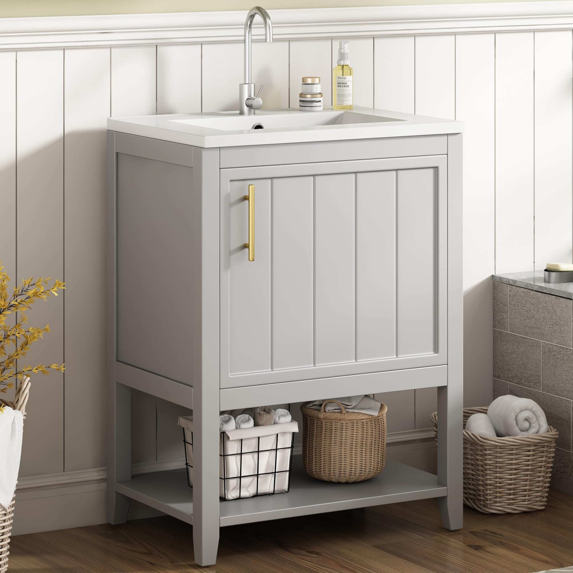 Mueble de baño individual para lavabo de 60 cm con lavabo de cerámica, con estante (gris claro)