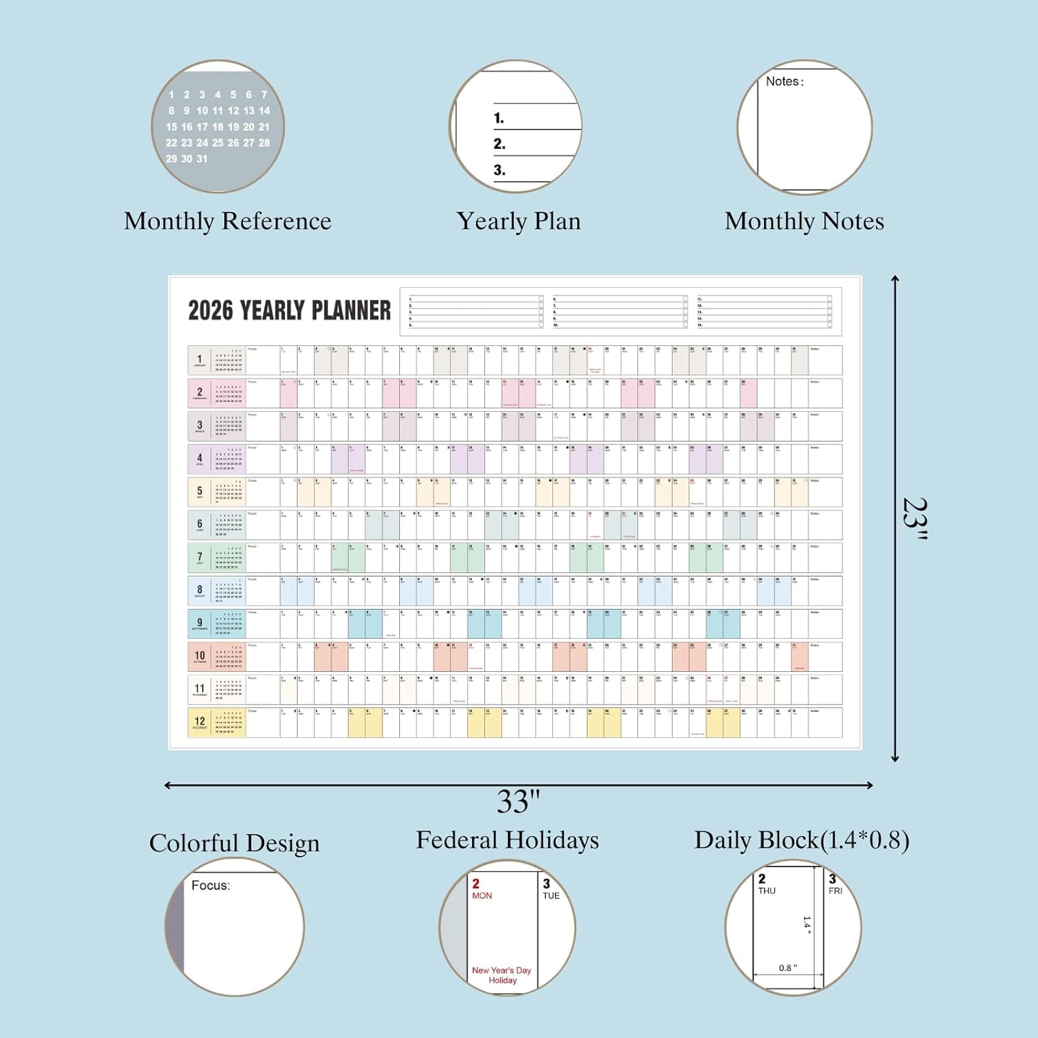 2026 Yearly Wall Calendar, Full Year Wall Calendar One Page, Rolled Paper Calendar For Wall Without Crease, 365 Day Calendar at One Glance, 23"X 33", Horizonal(Light Colorful) ColorfulB