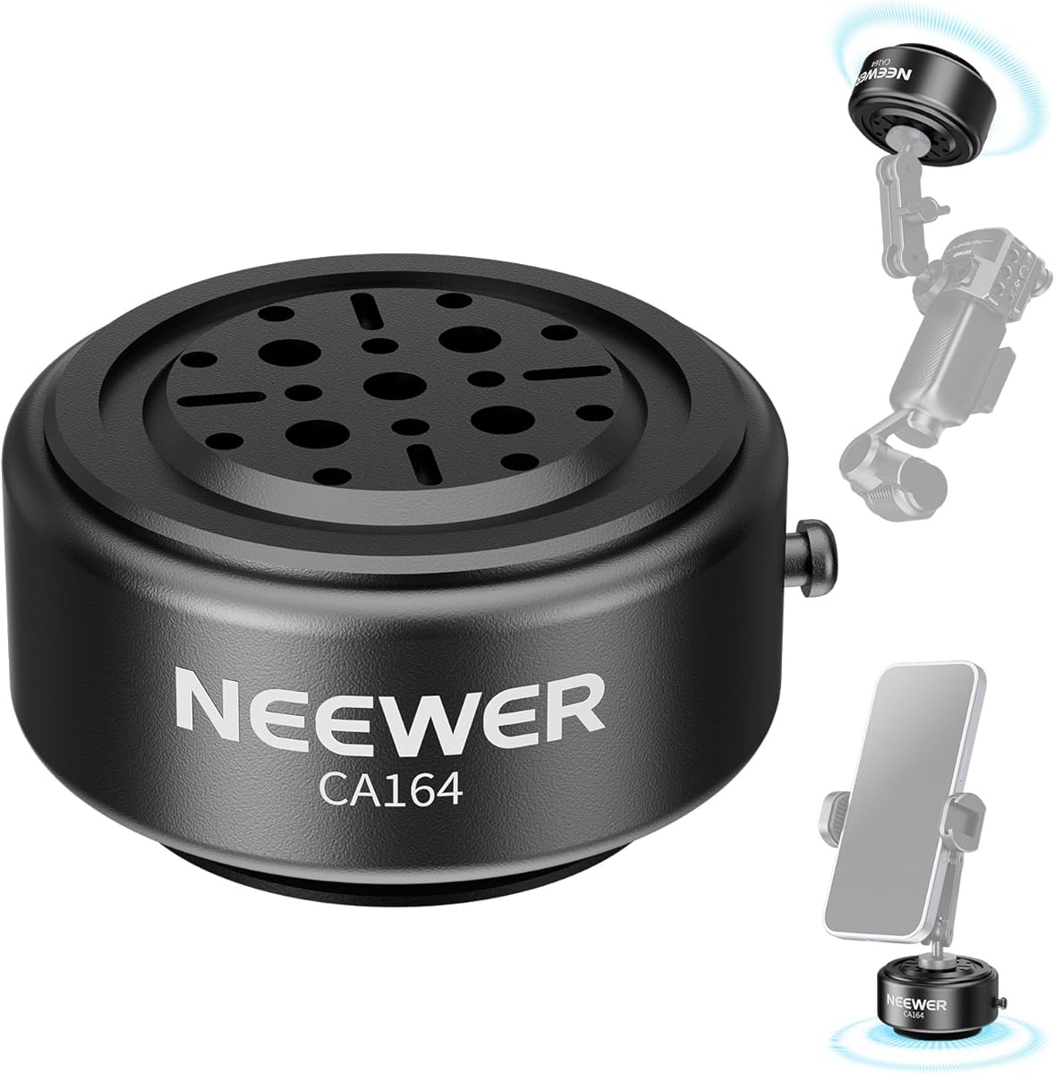 NEEWER Electric Suction Cup Mount with 1/4" Screw Holes for Phone Holder/Action Camera Adapter Compatible with iPhone GoPro DJI Insta360, Quick Release for POV Car Windshield Video Recording, CA164