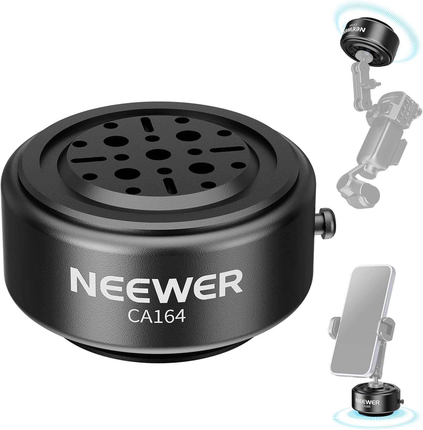 NEEWER Electric Suction Cup Mount with 1/4" Screw Holes for Phone Holder/Action Camera Adapter Compatible with iPhone GoPro DJI Insta360, Quick Release for POV Car Windshield Video Recording, CA164