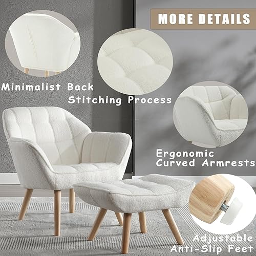 Miniatura 4 de Silla decorativa Sherpa con otomana, moderna silla de descanso con reposapiés, sofá tapizado, con patas de madera, cómoda silla de lectura para