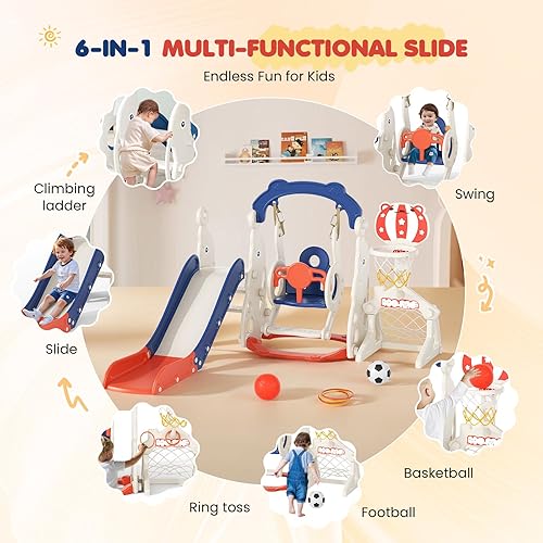Vista 2 de Juego de tobogán para niños pequeños, 6 en 1, mejora con tobogán, columpio, fútbol y lanzamiento de anillos para niños de 1 a 3 años, parque Azul