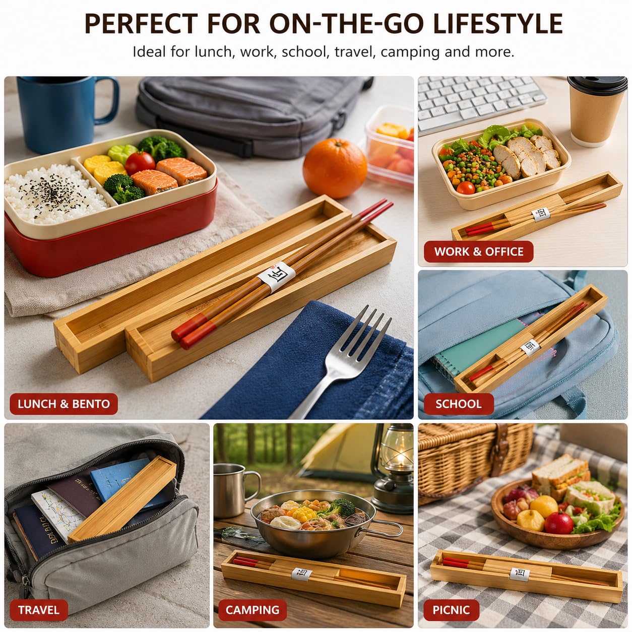 Bamboo Travel Chopsticks with Case - Red Tips -8