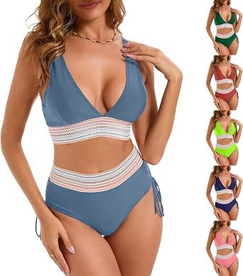 Plus Size Bathing Suit for Women Sexy Patchwork High Waisted Tummy Control Swimsuit Tie Side Two Piece Bikini Sets
