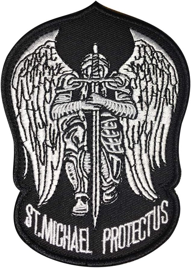 MORTHOME St.Saint Michael Protect Us Modern Morale Embroidered Patch Tactical Military Army Operator Patches Applique for Coat Jacket Gear Cap Hat Backpack (Black/White)