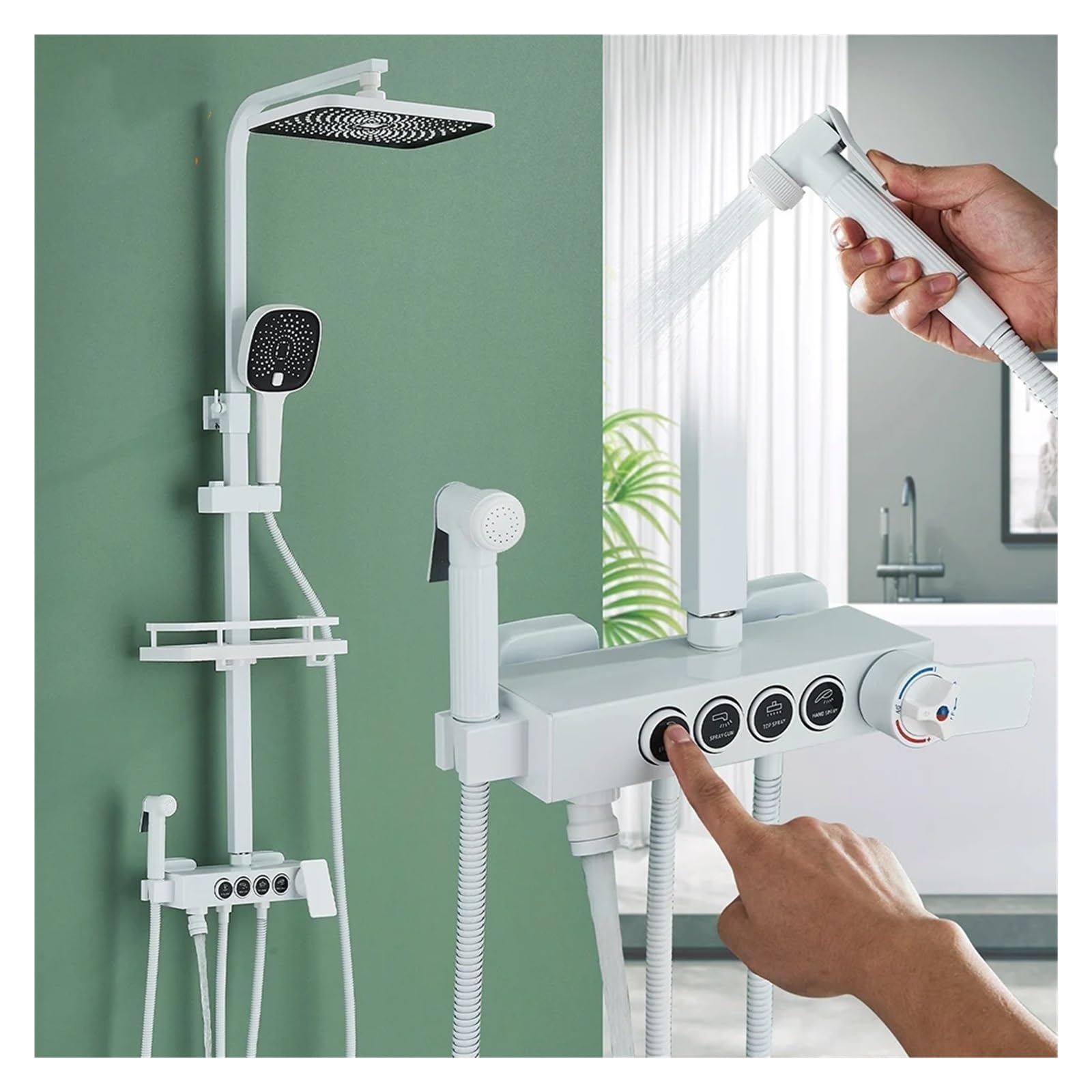 Tbddsd Bianco Bathroom Shower Heads, Thermostatic Shower Faucet Set Rainfall Head Spray 4 Modes Handheld Button Hot & Cold Water Mixer Bathroom System(Bianco)