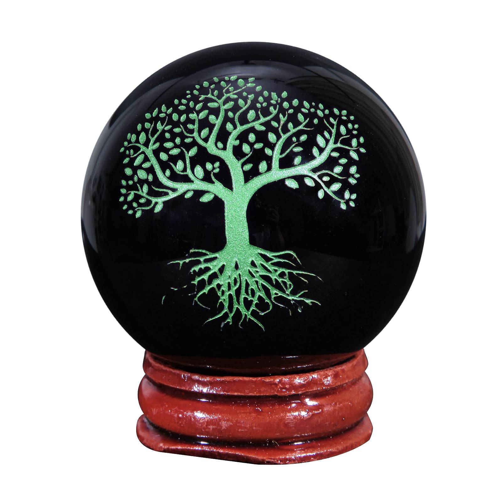 mookaitedecor Engraved Tree of Life Symbol Black Obsidian Crystal Ball Sphere Ornament with Wooden Stand