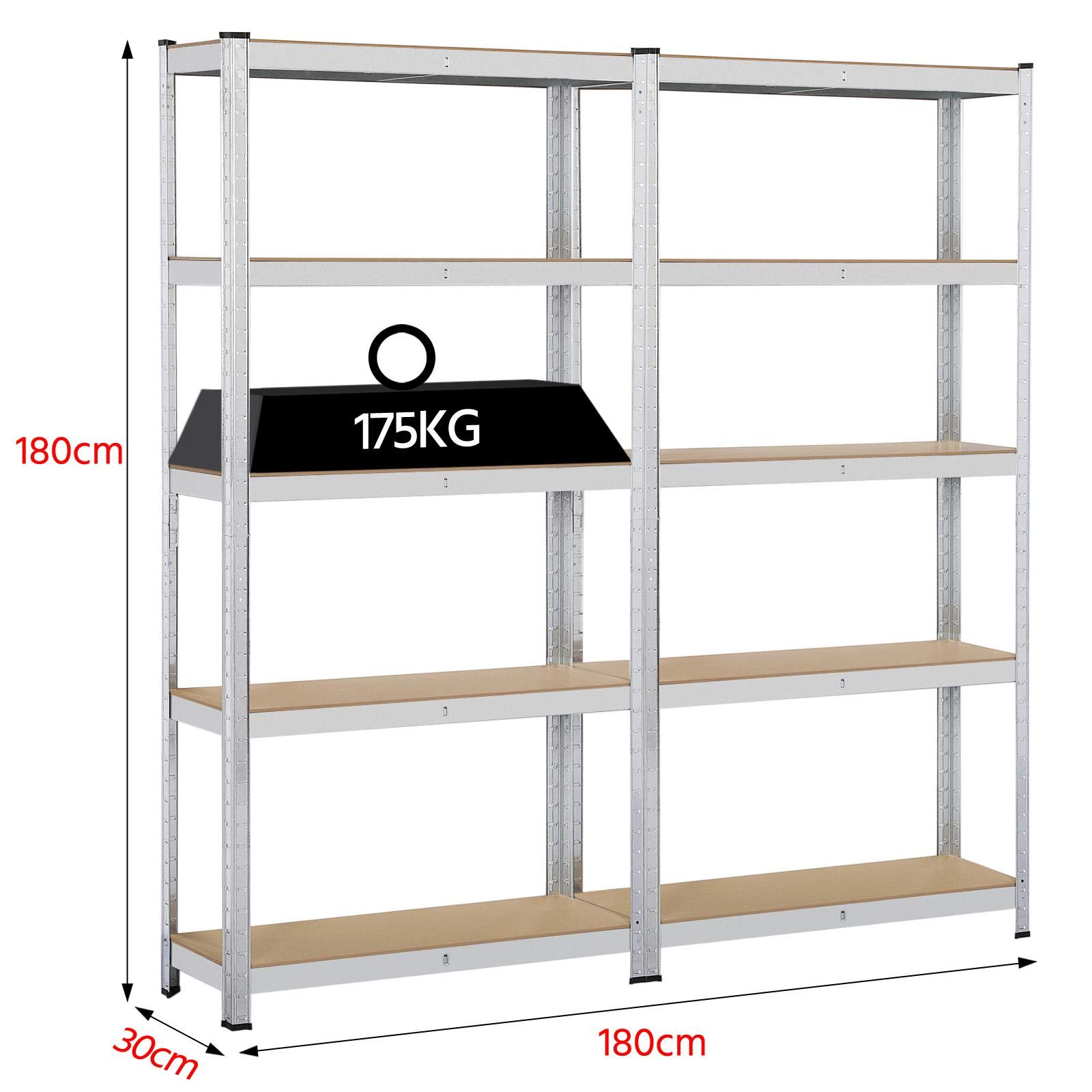 Yaheetech Scaffale x 2 Scaffalature per Garage 180x90x30 cm 175 KG Magazzino a 5 Ripiani Regolabili Alta Portata in Metallo Senza Bullone con Legno MDF per Ripiano Argento