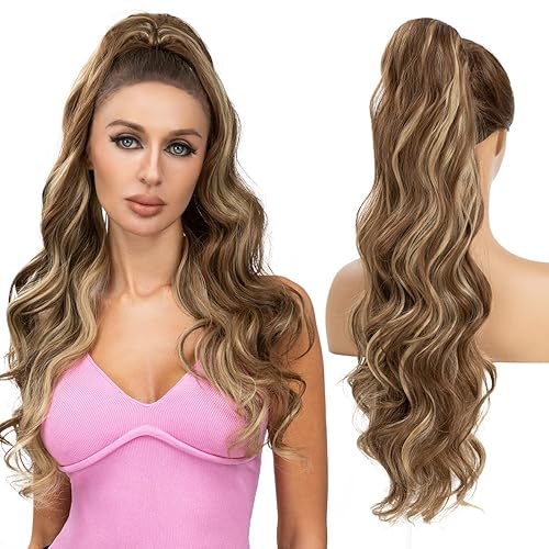 Extensiones de cabello sintético ondulado con cordón para cola de caballo de 26 pulgadas, para mujer, castaño medio ceniza, rubio ceniza