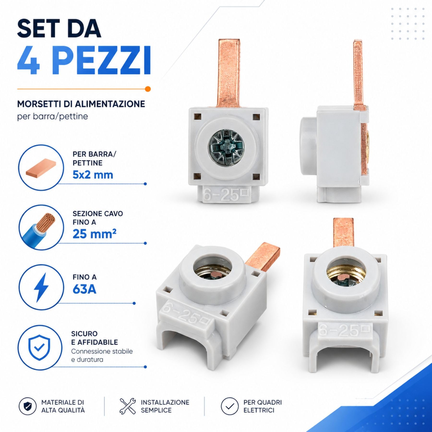 20 Pezzi Morsetti di Alimentazione per Pettine Quadro Elettrico, Terminali di Derivazione per Barra di Alimentazione, Sezione Cavo 6-25mm², Pin 4X2mm, Max 63A