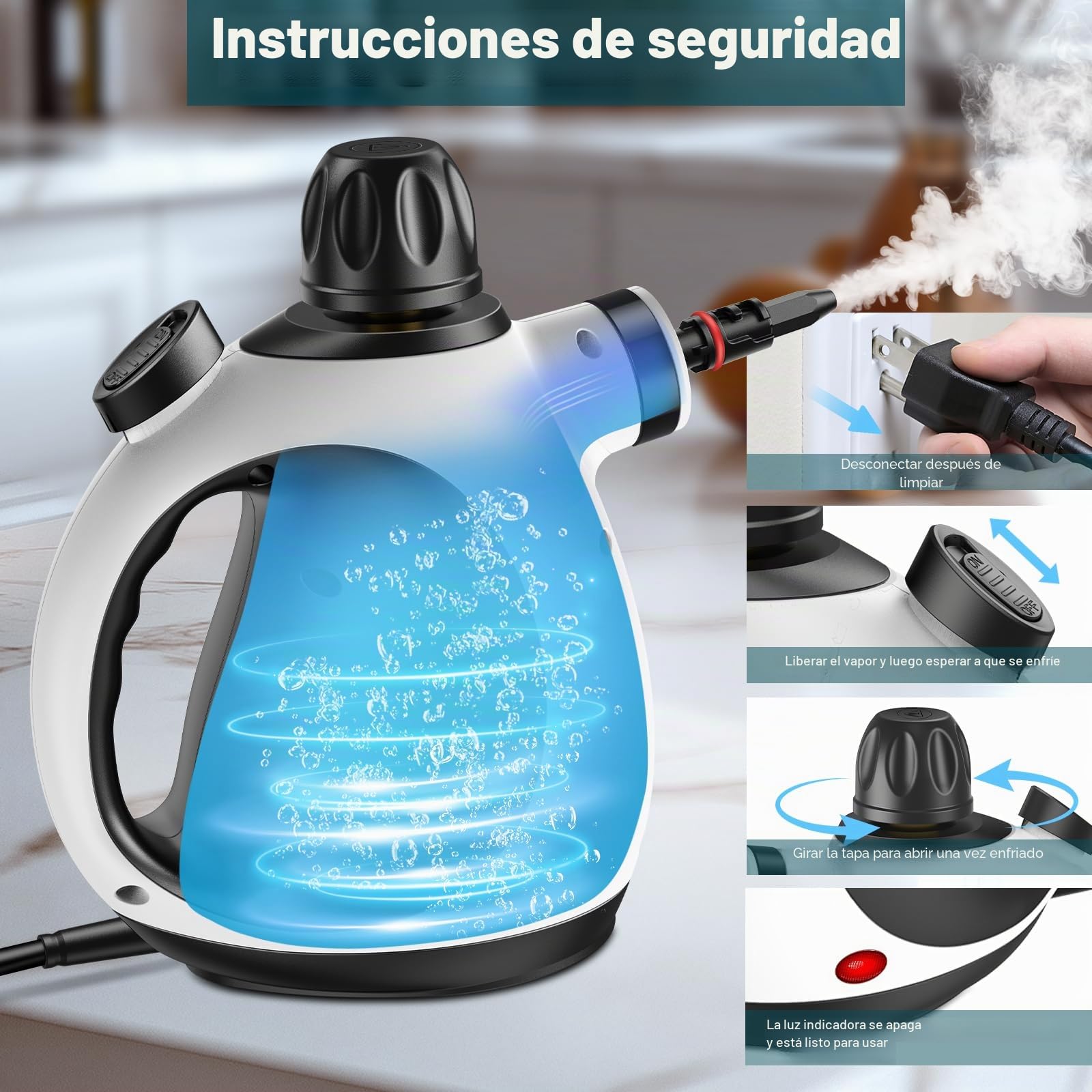 Vaporeta Limpieza Hogar Potente, Vaporeta de Mano de usos Múltiples con 14 Accesorios & Depósito de 350 ml,1050W Steam Cleaner para Alfombras,Cortinas,Sofás,Cocinas y Baños