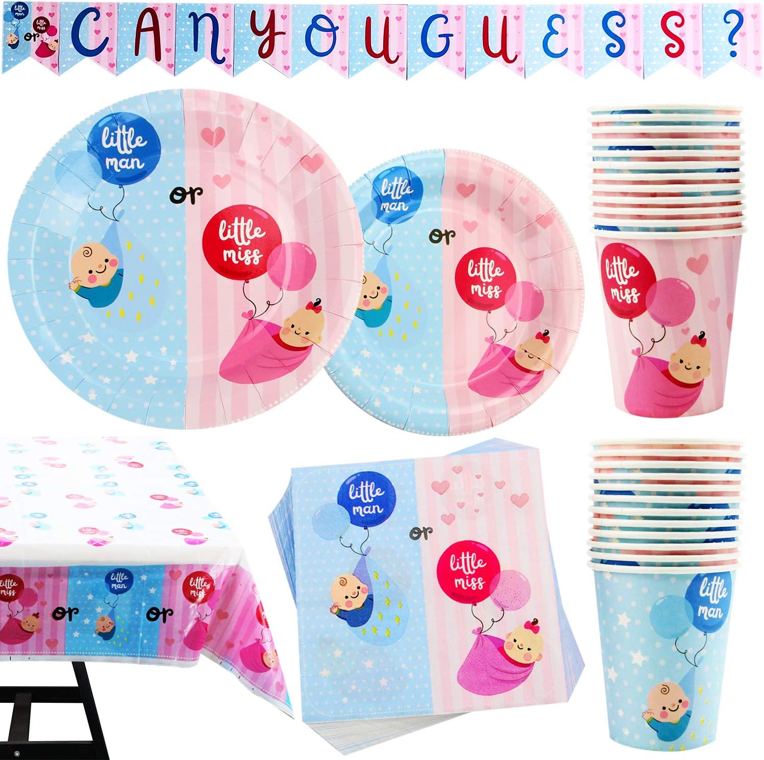 102 Piece Gender Reveal Party Supplies Set Including Banner, Plates, Cups, Napkins, and Tablecloth, Serves 25