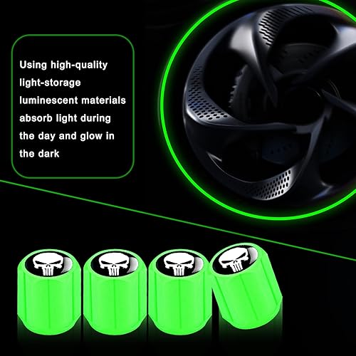 Vista 3 de Ajxn 4 tapas de vástago de válvula de neumático de automóvil, estampado de calavera, tapas de aire luminosas, universales para automóviles