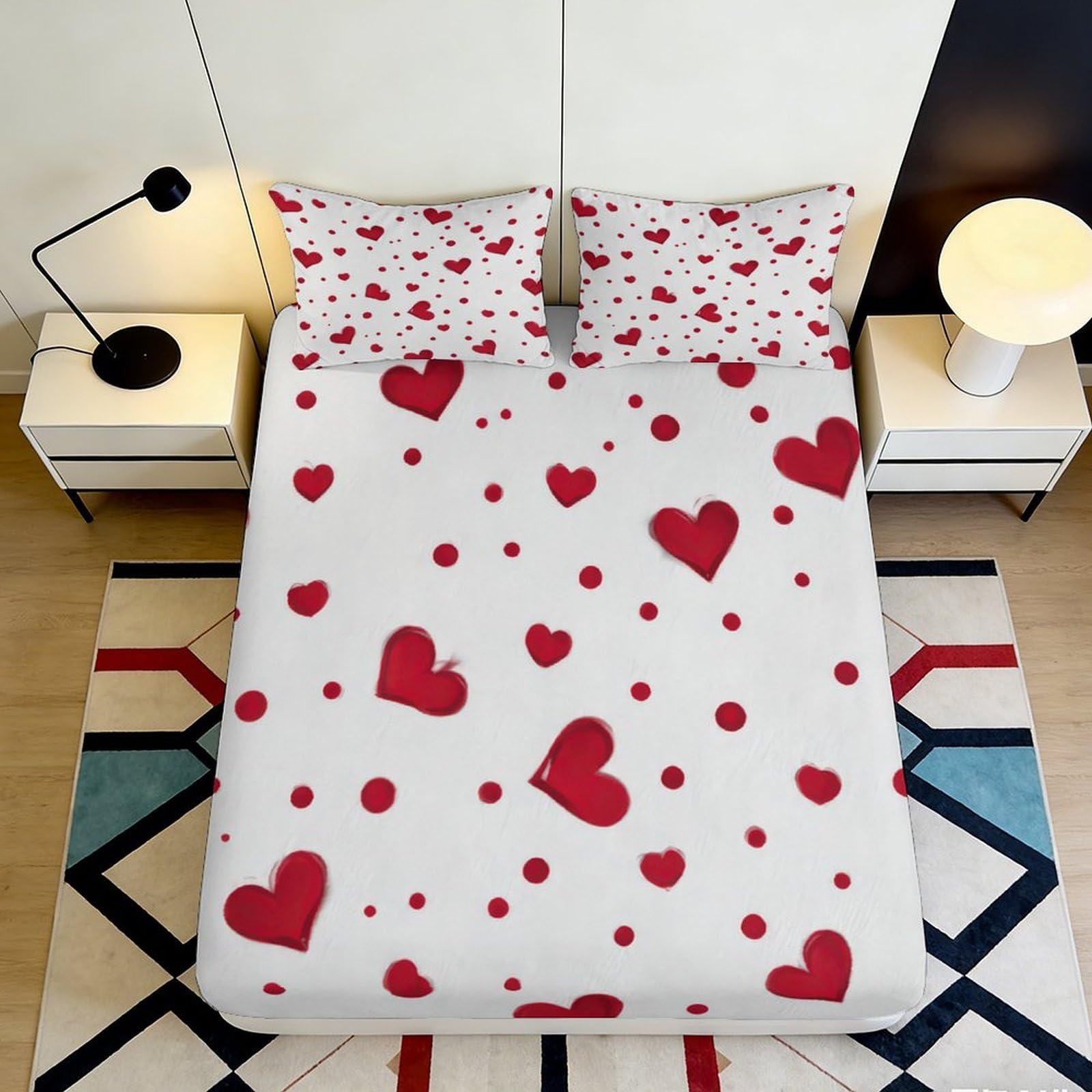 3D Printed Red Heart Pattern Fitted Sheet Microfiber Bed Cover Anti-Slip Machine Washable for Bedroom Dorm Decor 160x200x25cm