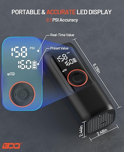 Miniatura 5 de BDO Inflador de neumáticos, compresor de aire portátil, bomba de aire inalámbrica de 150 PSI con pantalla LCD y apagado automático, para automóvil,