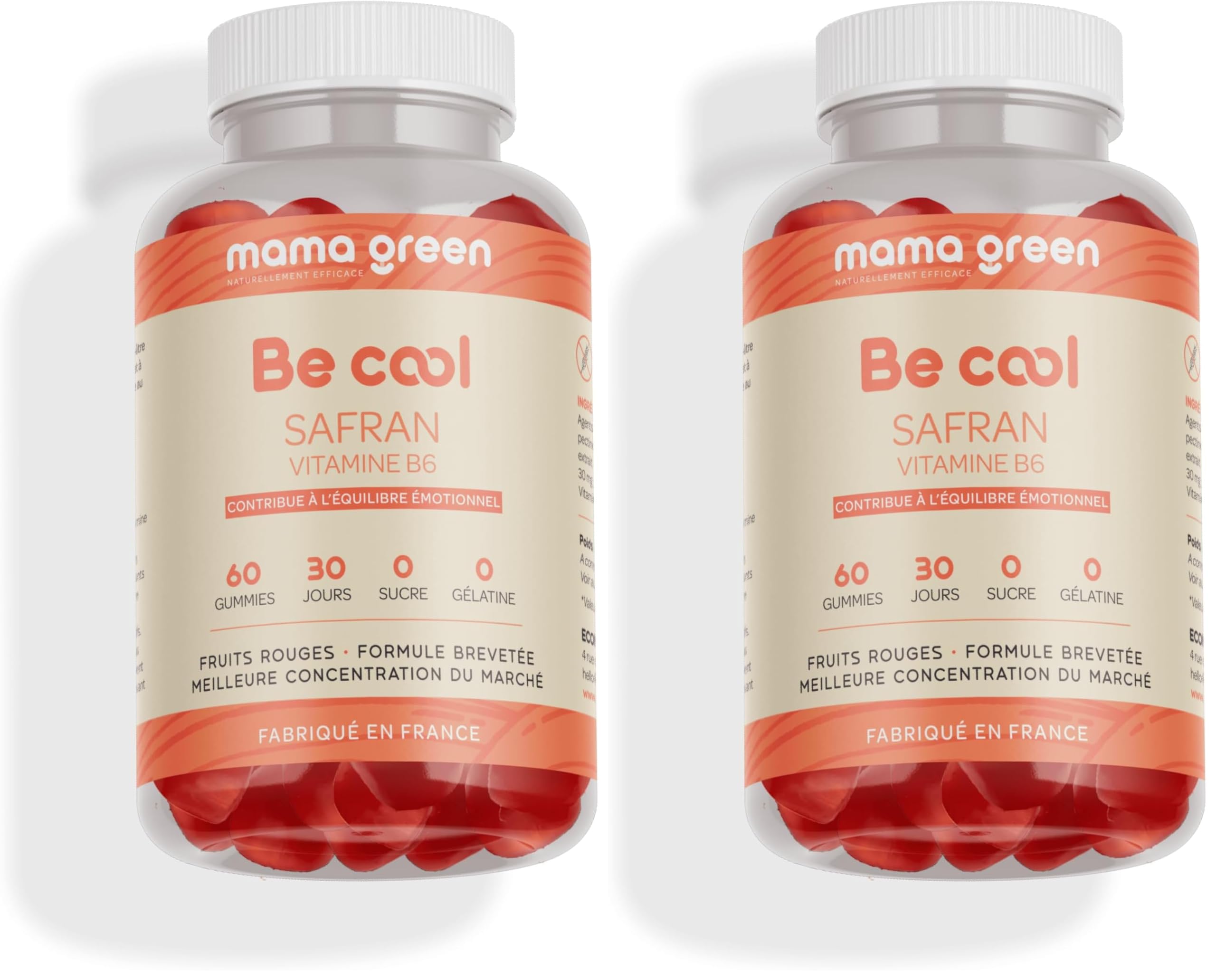 Mama Green - Gummies Be Cool - Safran B6 - Contribue à l'équilibre émotionnel - Aide au maintien d'une humeur positive - Sans sucre - 60 gummies - Fabriqué en France (Lot de 2)
