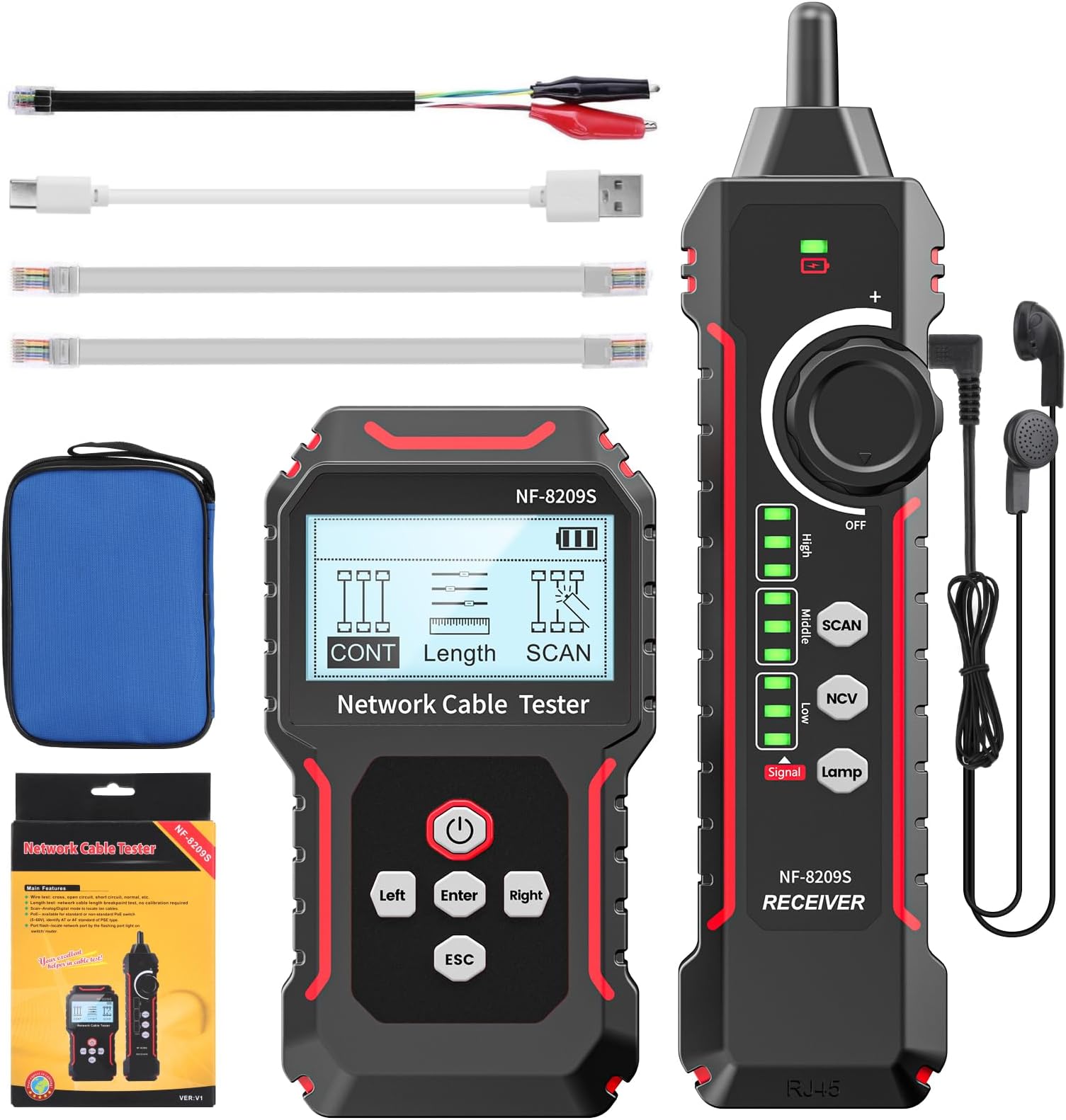 RJ45 Network Cable Tester and Tracer, VXSCAN NF-8209S Ethernet Cable Tester Wire Tracer with NCV & Lamp for CAT5 CAT6 CAT6a - Cont/Length Measurement/SCAN/Flash/QC/NCV/POE Tester