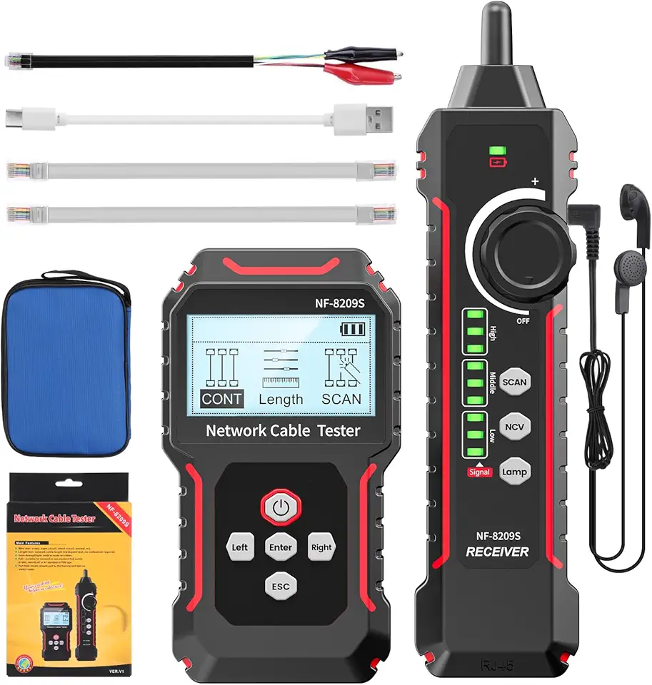 Testador E Localizador de Cabos de Rede Rj45, Nf-8209S, Testador de Cabos Ethernet com Ncv E Lâmpada Para Cat5, Cat6 E Cat6A - Medição de Continuidade/Comprimento/Varredura/Flash/Qc/Ncv/Poe