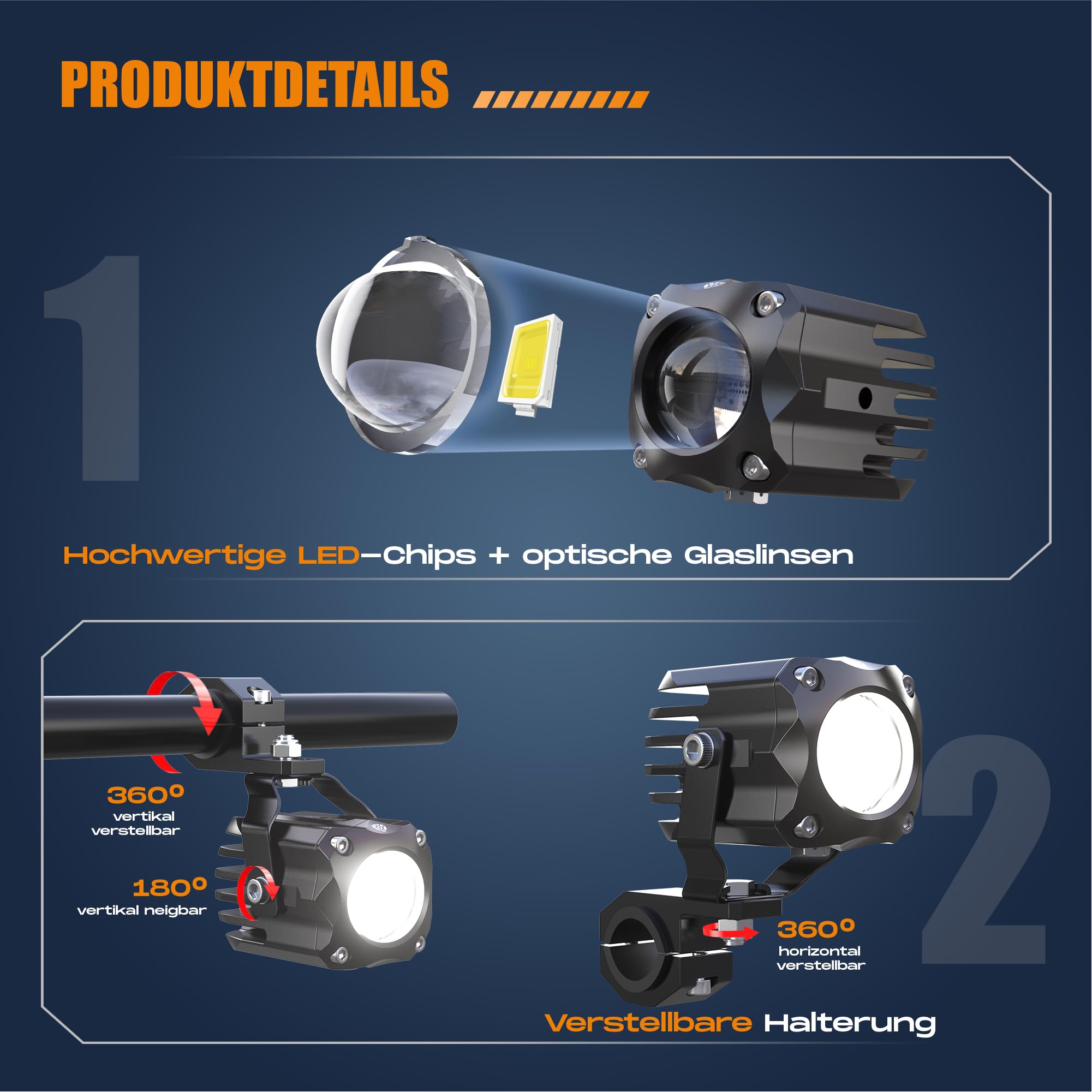 Future Eyes Feux Additionnels Moto LED, 120W 12000LM CE E-Mark E57, IP67 Étanche Phare Auxiliaire Moto, Feux LED 60W Double Faisceau avec Support 360°