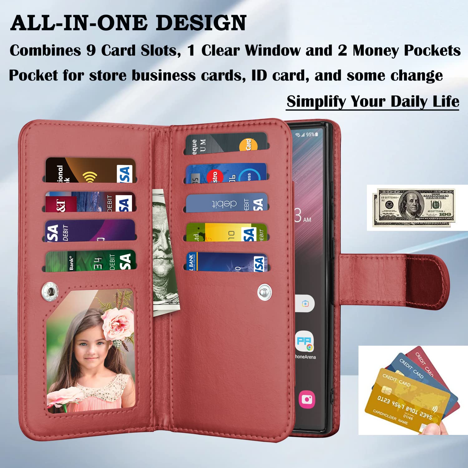 Takfox Wallet Case for Samsung Galaxy S23 Ultra, Galaxy S23 Ultra 5G Case, PU Leather Credit Card Holder Case [9 Card Slots] Folio Flip Detachable Magnetic Cover Kickstand & Carrying Strap, Wine Red