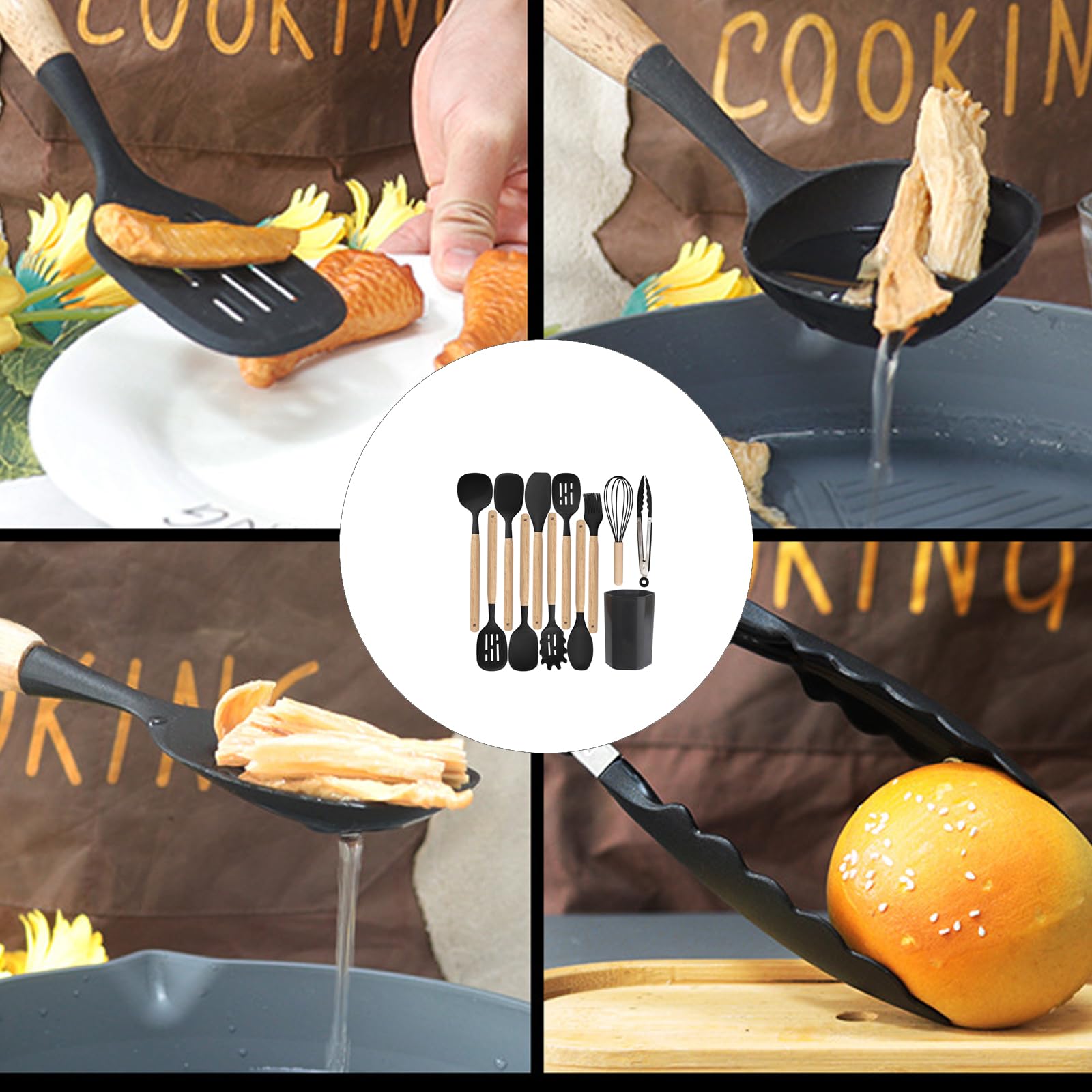 Set di utensili da cucina con manico ergonomico Materiali in silicone fino a 200 ° C Strumento di cottura sicuro per uso domestico Spatola con manico ergonomico