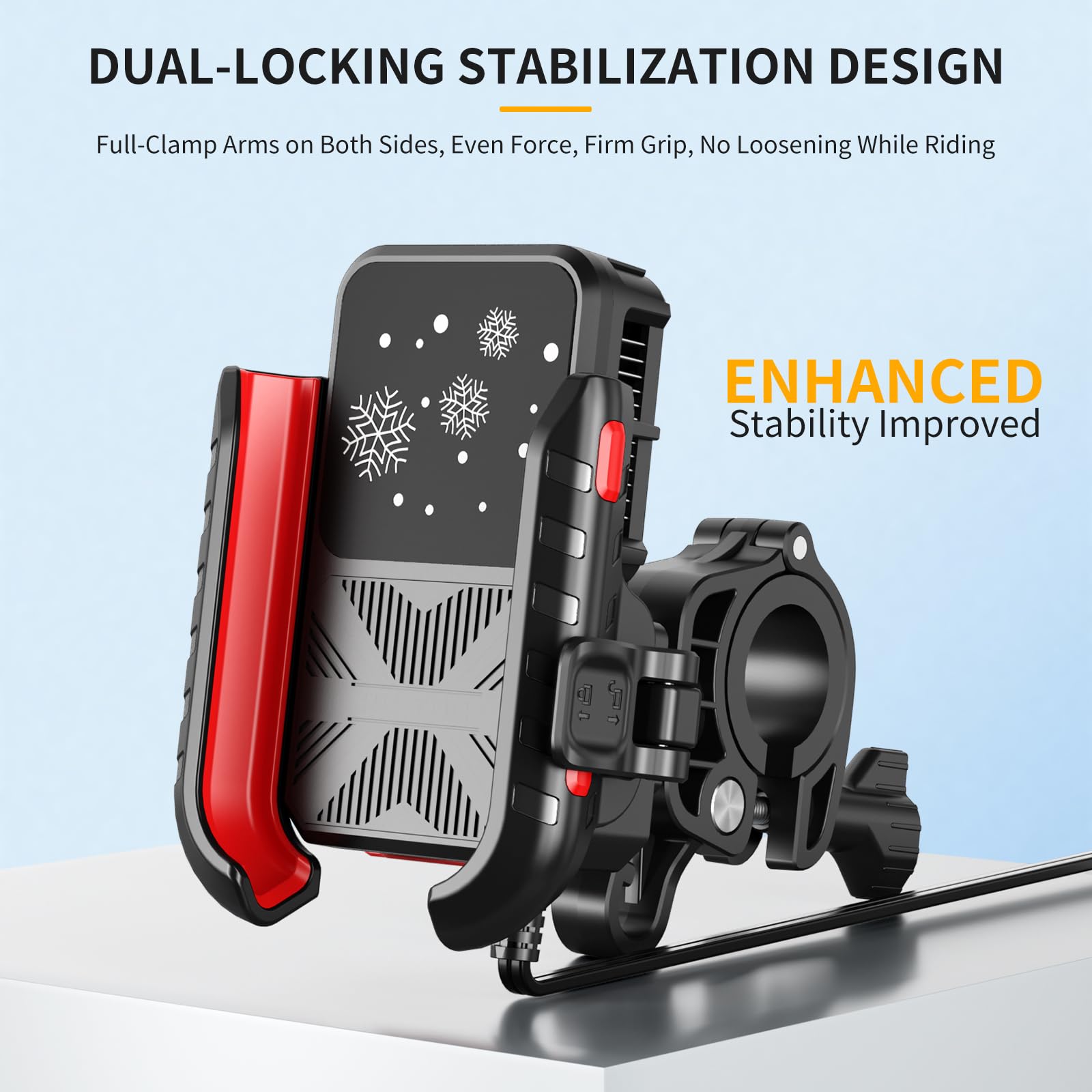 Staffa supporto per supporto smartphone universale antiurto per motocicli dotata sistemi avanzati controllo della temperatura, supporto raffreddamento a semiconduttore