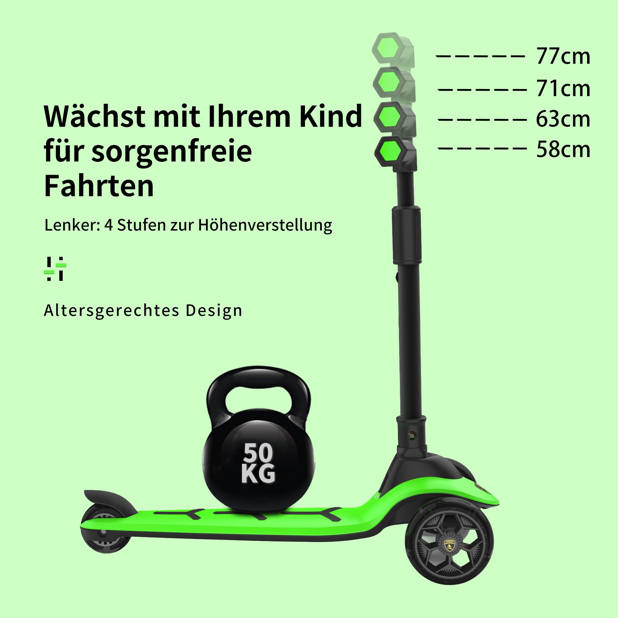 Lamborghini Kinder Roller Scooter ab 3 Jahren bis 50 kg - Tretroller mit 2 Lenkmodi, Leichter Aluminiumrahmen, PU-Leuchträdern, Hinterbremse, faltbar & höhenverstellbar