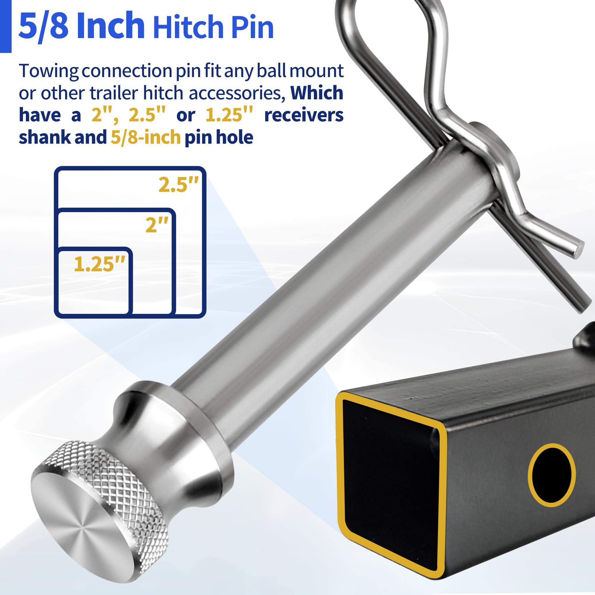 Anhängerkupplungsstifte mit Clips, 5/8 Zoll, Edelstahl, 1,6 cm Anhängerkupplungsstift, passend für 5,1 cm oder 6,3 cm Anhängerkupplungsempfänger, Anhängerkupplungszubehör, 1 Packung Stift