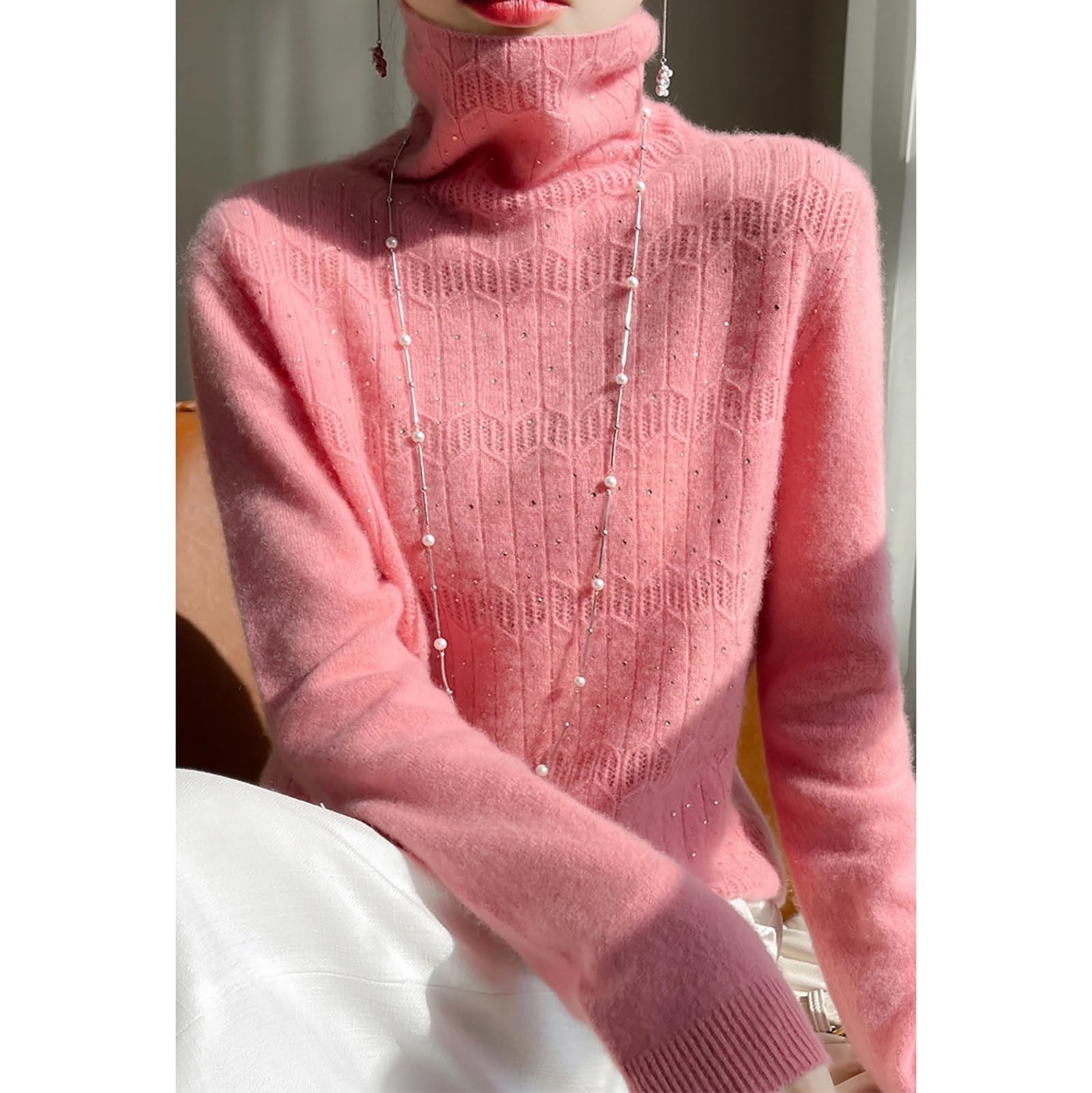 MEECHI 2024 Nuevo Suéter De Lana con Diamantes De Imitación for Mujer Otoño Invierno Cálido Suéter De Cachemira Manga Larga Cuello Alto Jersey De Punto Liso Elegante Jersey De Punto