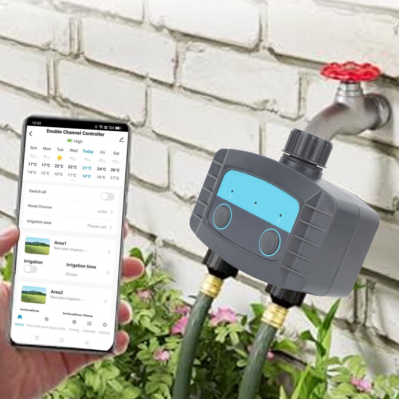 TOPINCN Temporizzatore per Irrigazione, Timer per Irrigazione Bluetooth con Controllo APP per Giardino Domestico, Prato, di Automatico a 2 Prese con Design