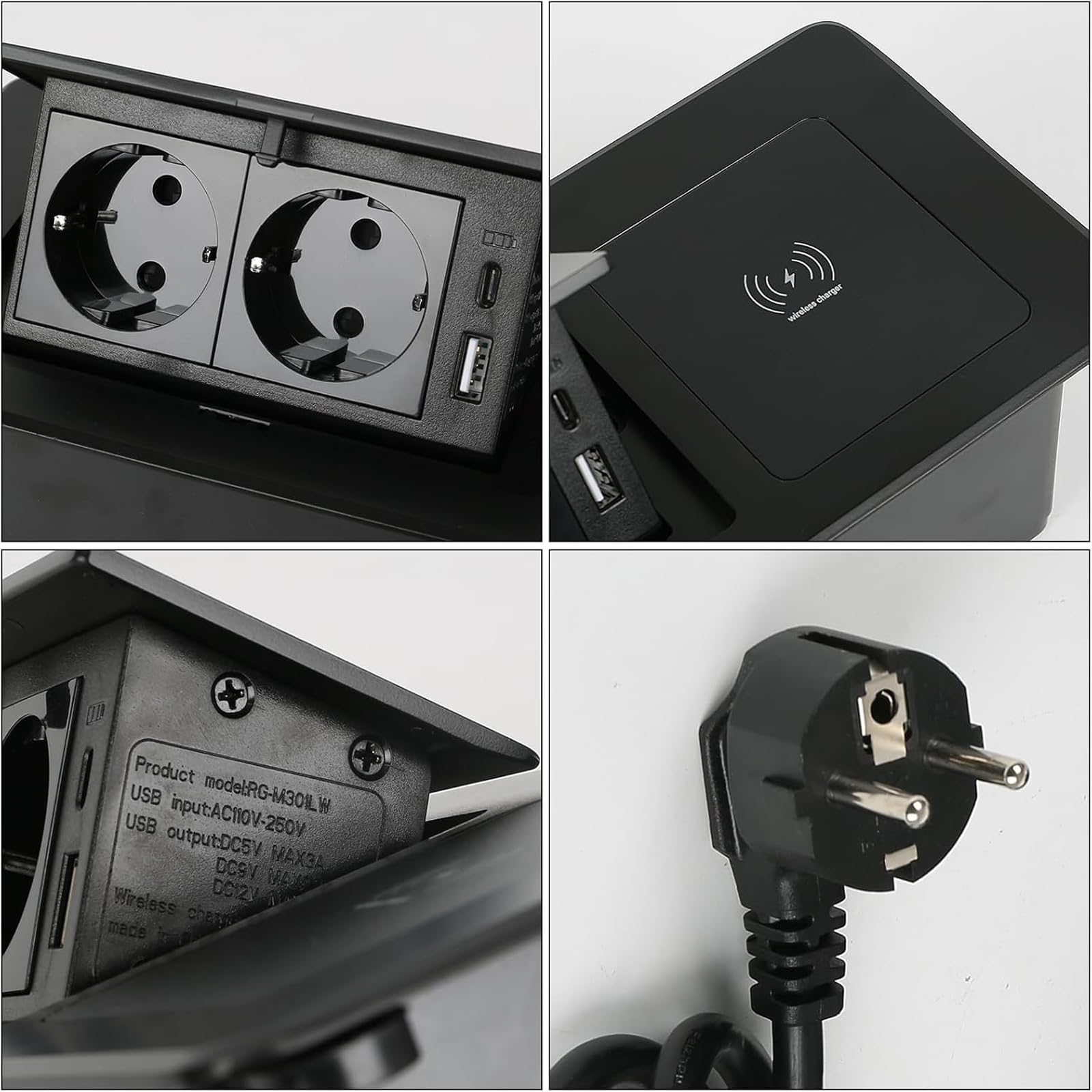 Wpuszczana Listwa Zasilająca, Ukryte Multimedialne Gniazdo Zasilania, Wysuwany Koncentrator Zasilający, 2 Gniazdka Sieciowe + Port USB A/C + Podkładka Do ładowania Bezprzewodowego,Silver