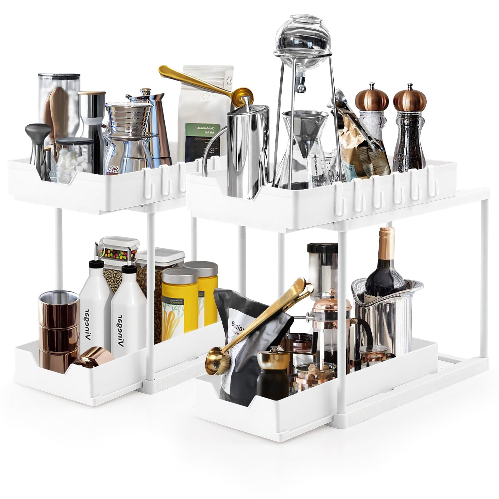 2-Tier Under Sink Organizer Storage, Double Sliding Under Cabinet Basket Organizer with 2 Pull Out Drawers & 4 Hooks, Multi-Purpose Under Shelf Organizer for Bathroom Kitchen (White, 2 Pack)