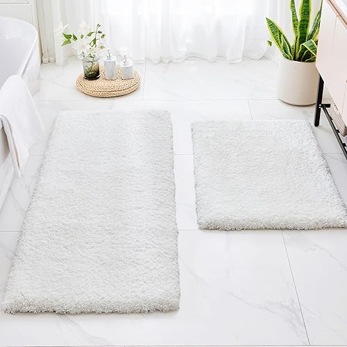 Miniatura 8 de Alfombra larga para piso de baño de 24 x 59 pulgadas, color blanco, antideslizante, esponjosa, lavable, absorbente, para ducha y lavabo