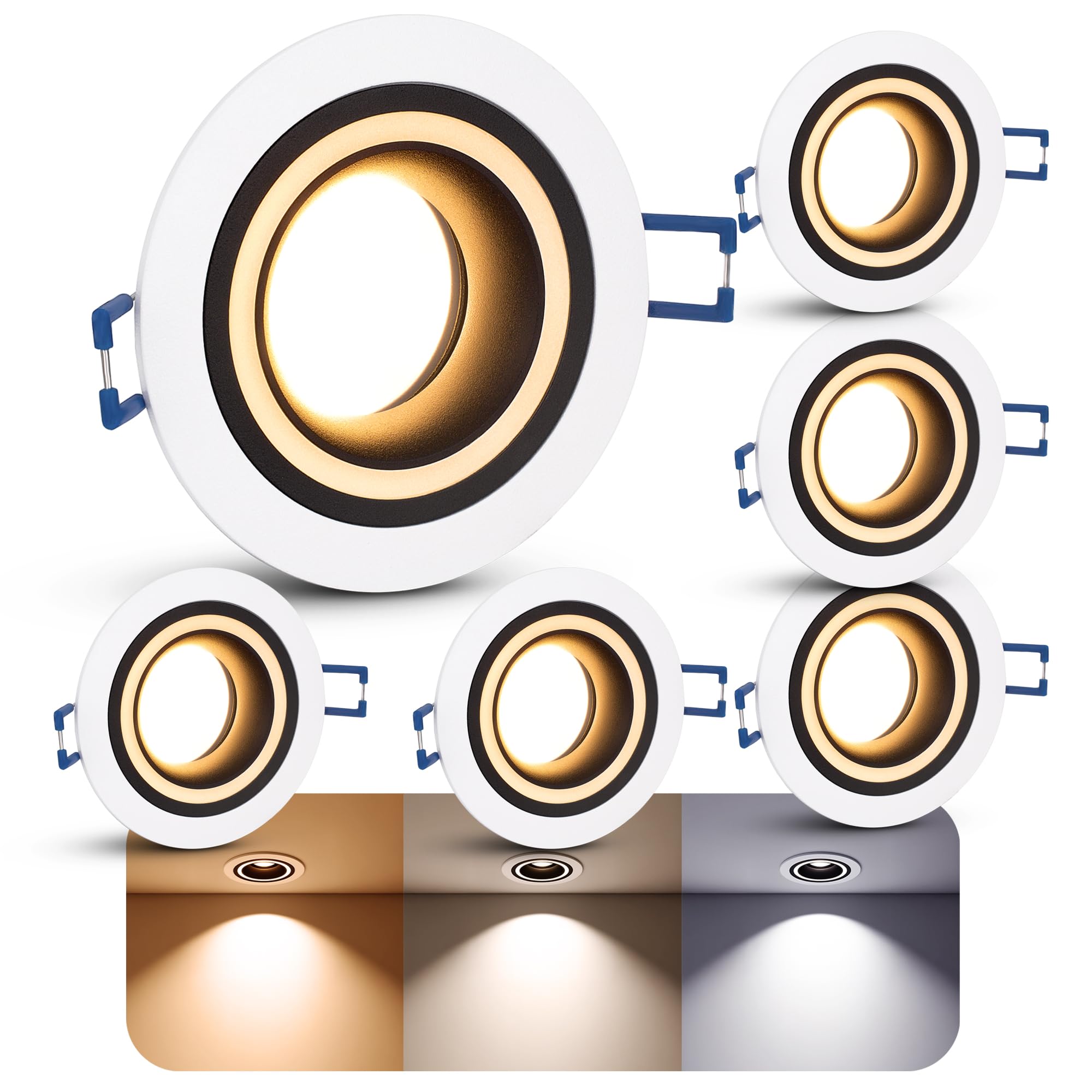 SSC-LUXon 6x Matapo Einbauspot schwarz weiß mit Lichtring inkl. LED Leuchtmittel Modul 4W drei einstellbaren Lichtfarben 3CCT - Design Einbaustrahler 230V