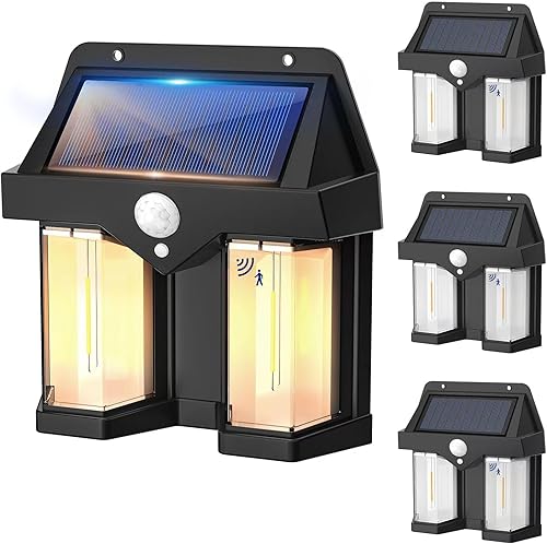 Luces de porche con sensor de movimiento solar, paquete de 4 luces al aire libre, 3 modos de iluminación del atardecer al amanecer, luces solares de
