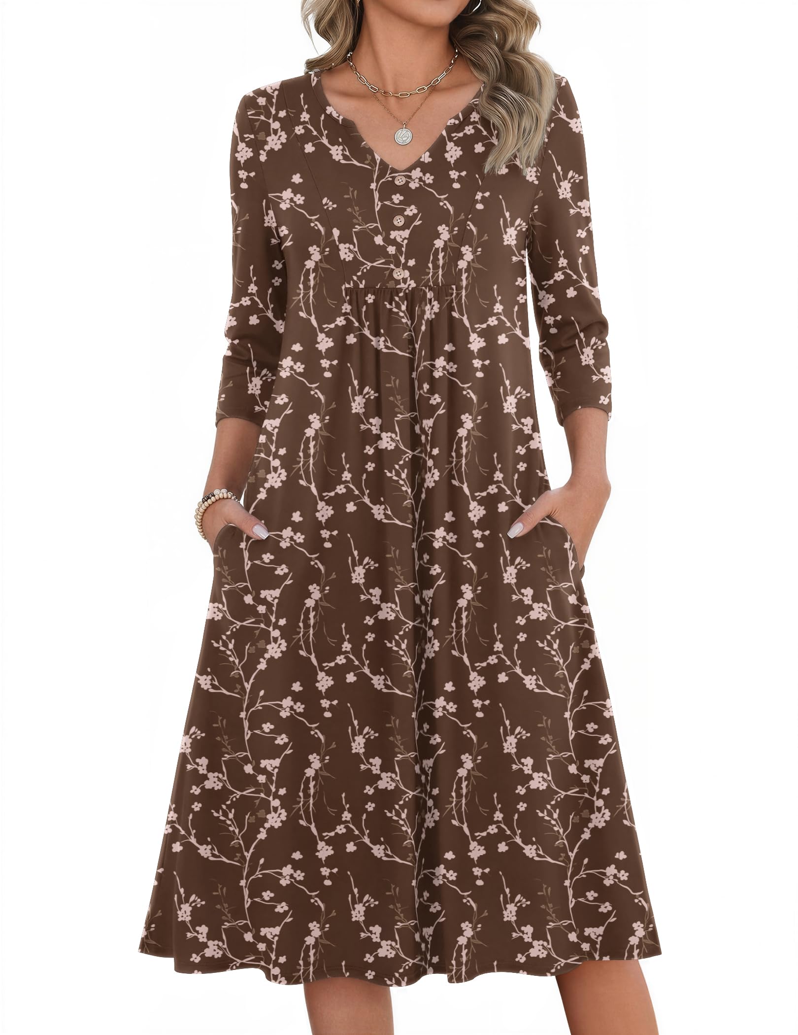 Womens Dresses 3/4 Sleeve Casual Fall A Line Midi Dress with Pockets