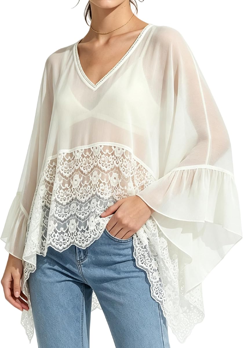 Blusa estilo poncho bohemio con ribete de encaje y volantes para mujer
