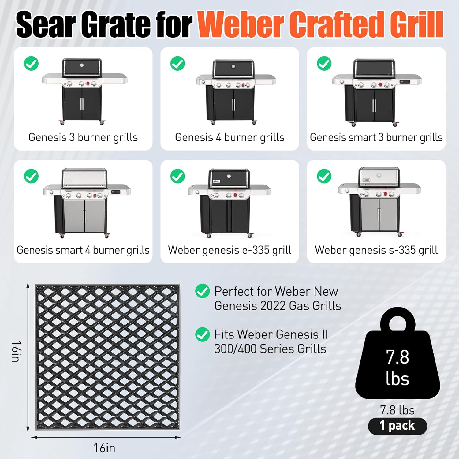 7670 Dual Sided Sear Grate for Weber Genesis II 300/400 Series & Genesis 2022 SX-325S E-325S EX-325S, Porcelain-Enameled Cast Iron Replacement Grate for Weber Crafted, Smokefire EX4/EX6 Pellet Grill